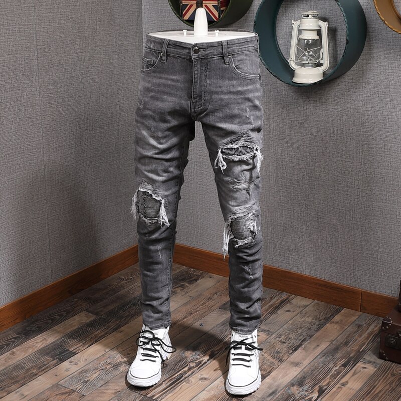 American streetwear mænd jeans retro grå vask slim fit elastisk flået jeans mænd patches hip hop jeans homme: 38