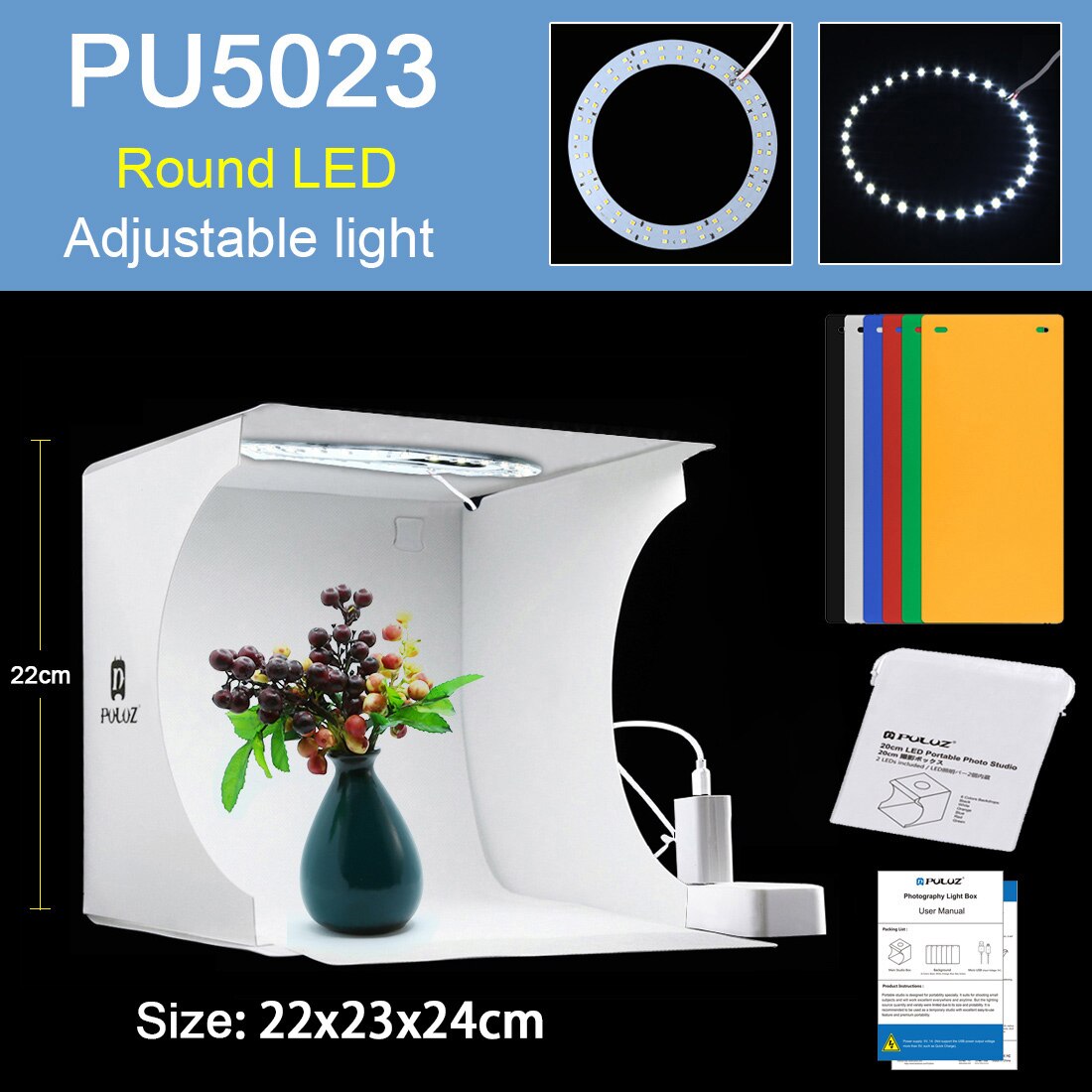 PULUZ Light Box Photo Studio Box Round LED Photos Lightbox Photography Softbox Small Items Shooting Box Kits 6 Colors Backdrops: PU5023