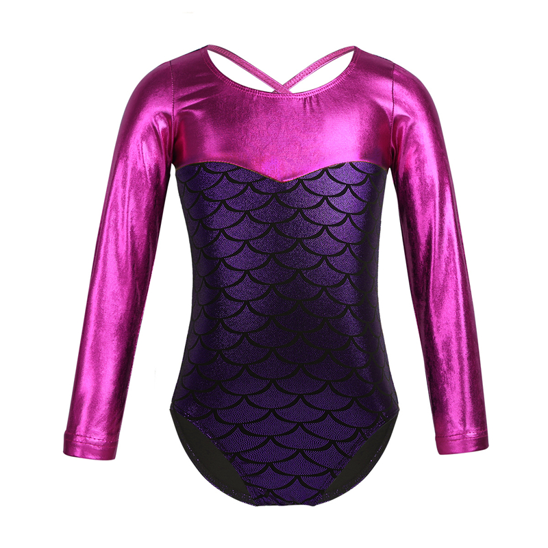 Langærmede glitrende vægte trykt splejsning gymnastik jumpsuit pige ballet kostume gymnastik trikoter akrobatik børn dansetøj: Lilla / 6