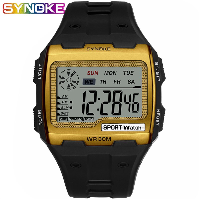 Synoke Mannen Vierkante Digitale Horloge Lichtgevende Multifunctionele Outdoor Sport Waterdicht Man Horloge Led Display Digitale Horloge: gold