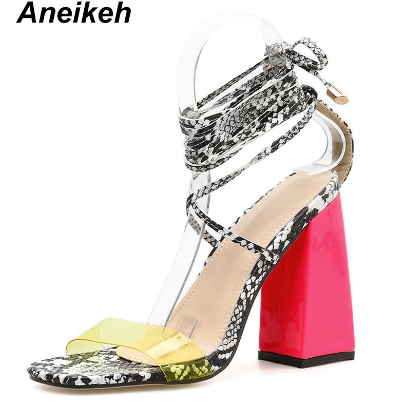 Aneikeh Summer PVC Gladiator Sandals Women Open Toe Ankle Strap Lace Up High Heels Pumps Party Dress Women's Shoes: Rose-red / 8