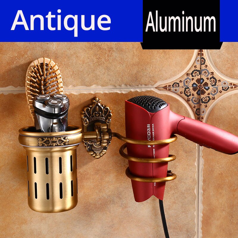 Antieke Föhn Houder Met Cup Aluminium Badkamer Plank Metalen Föhn Rack Huishoudens Haar Föhn Houder Accessoires: Antique with Cup