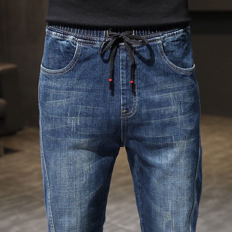 Joggingbukser til mænd jeans elastisk talje snøre blå afslappet tilspidsede herrebukser mænd oversize bukser jeans 42