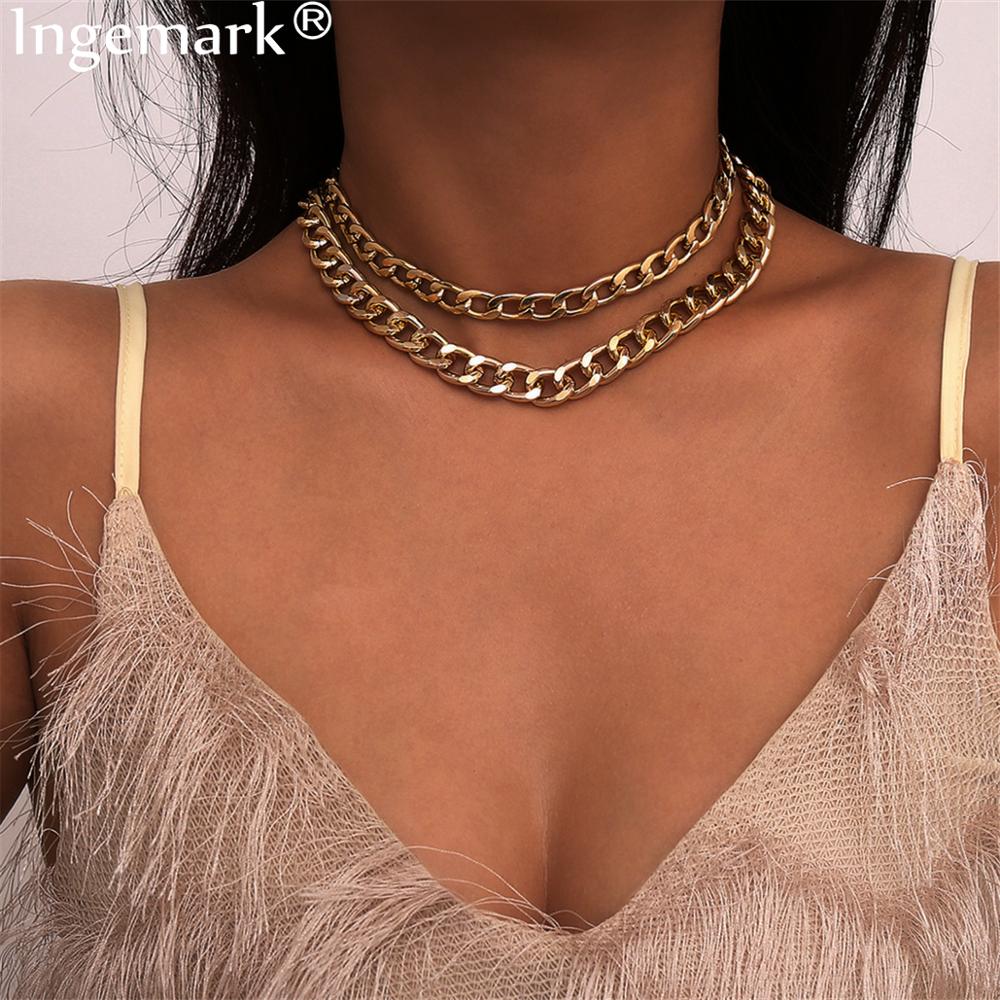 Punk Curb Cuban Gold Color Chain Necklace Choker Women Men Steampunk Two Layered Link Thick Necklace Collier Femme Accessories