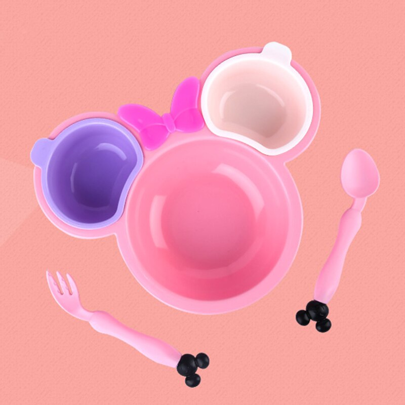 5pcs/set Baby Cartoon Eating Food Tableware Kids Dinner Plate Toddler Feeding Dishes Anti Children Training Bowl Spoon Fork: Pink Set
