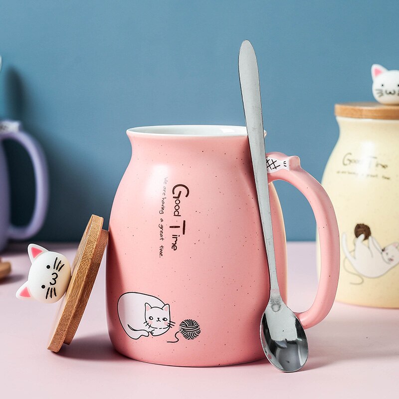 Color Cat Heat-Resistant Mug Cartoon with Lid Cup Kitten Coffee Milk Ceramic Mugs Children Cup Office Drinkware