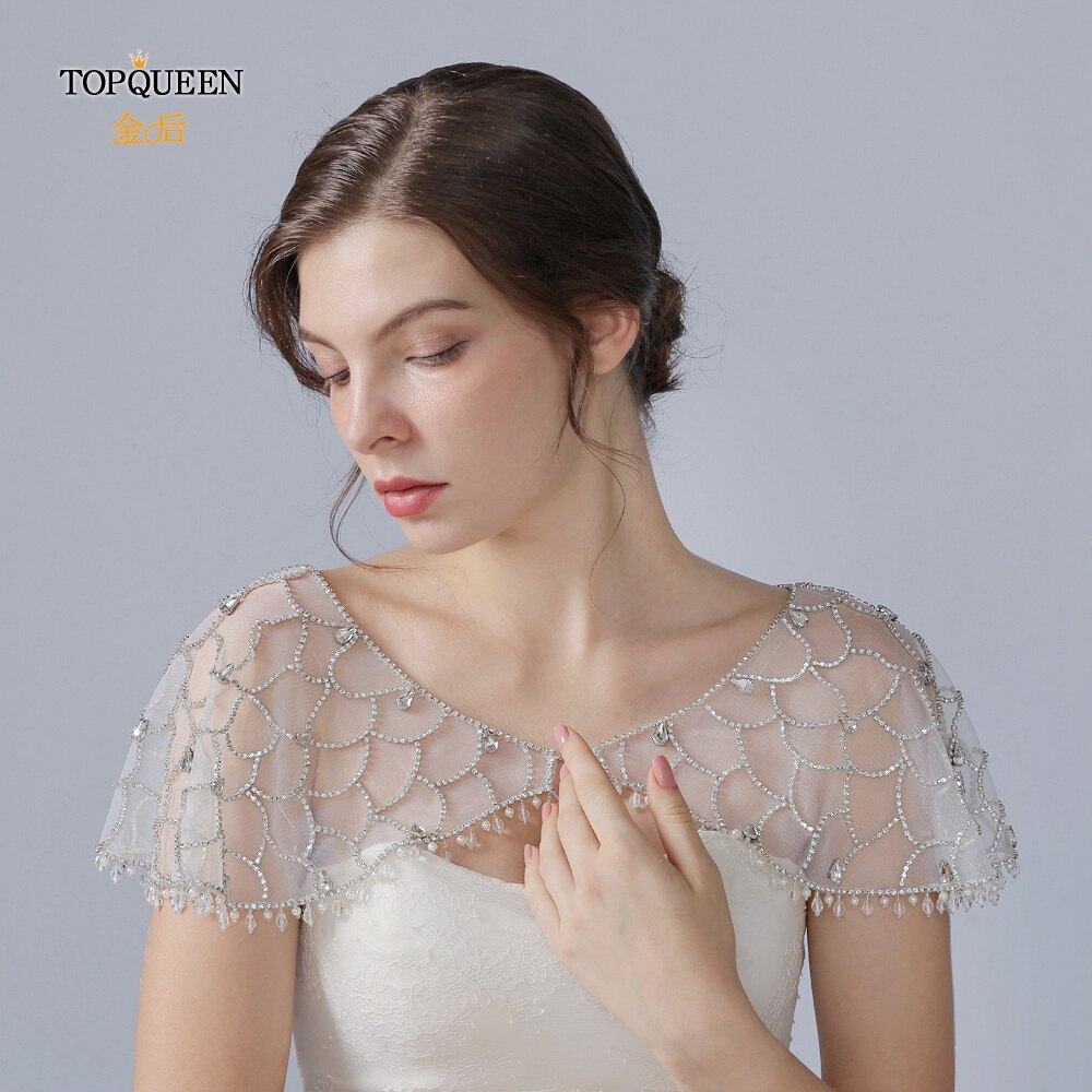 TOPQUEEN G10 Crystal Bling Beaded Bridal Wraps Beading Lace Wedding Shawl Jacket Bolero Wrap Bride Coat Cape Boleros Party Shrug