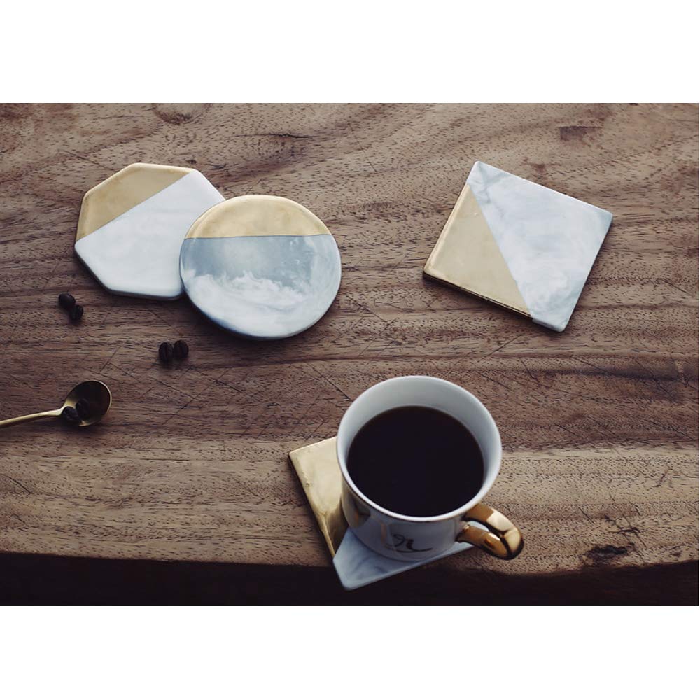 3 PCS Marble Stone Coasters Hexagon Round Square Drink Coasters Embellished with Gold Trim Set of 3