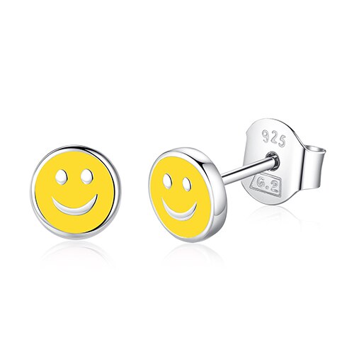 Belawang 925 Sterling Zilver Stud Oorbellen Voor Vrouwen Meisjes Roze Geel Enamel Glimlach Gezicht Oorbellen Sieraden Voor Kids Kinderen: YELLOW
