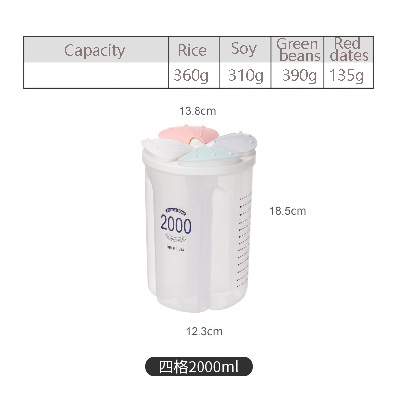 Food Storage Box Rotating Dry Rice Container Grain Tank Moisture-Proof Sealed Cans Separate Transparent Organizers: 4 grid-2000ml