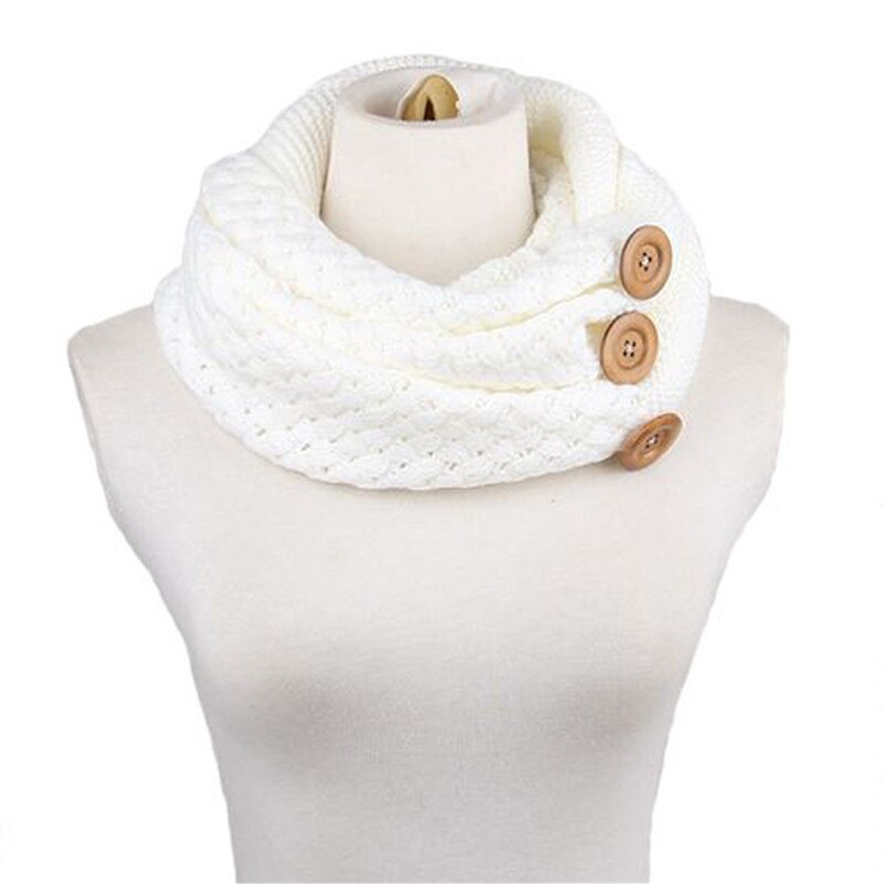 Winter Warm Knit Infinity Sjaal Luxe Vrouwen Effen Kleur Gehaakte Patroon Basic Chunky Grote Knop Gebreide Snood Ring Sjaal: White