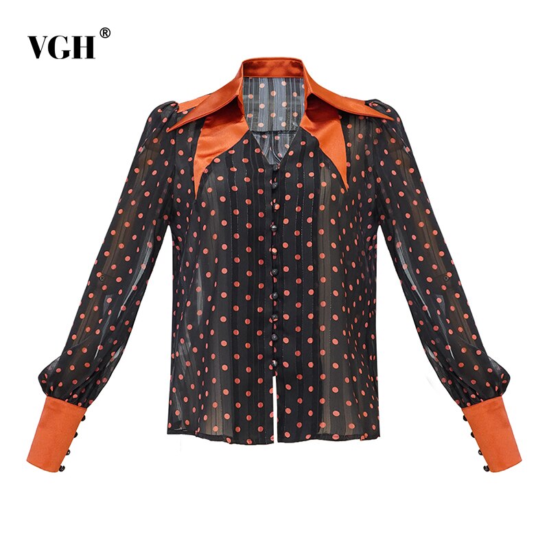 Vgh polka dot vintage skjorte for kvinner jakkeslag langermet casual gjennomsiktig chiffon elegant bluse kvinnelig høststil klær