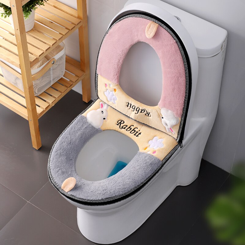 Bathroom Toilet Seat Cover Set Thicken Soft Coral Velvet Rainbow Color Zipper Toilet Case Warm Waterproof WC Potty Cover SWZ024