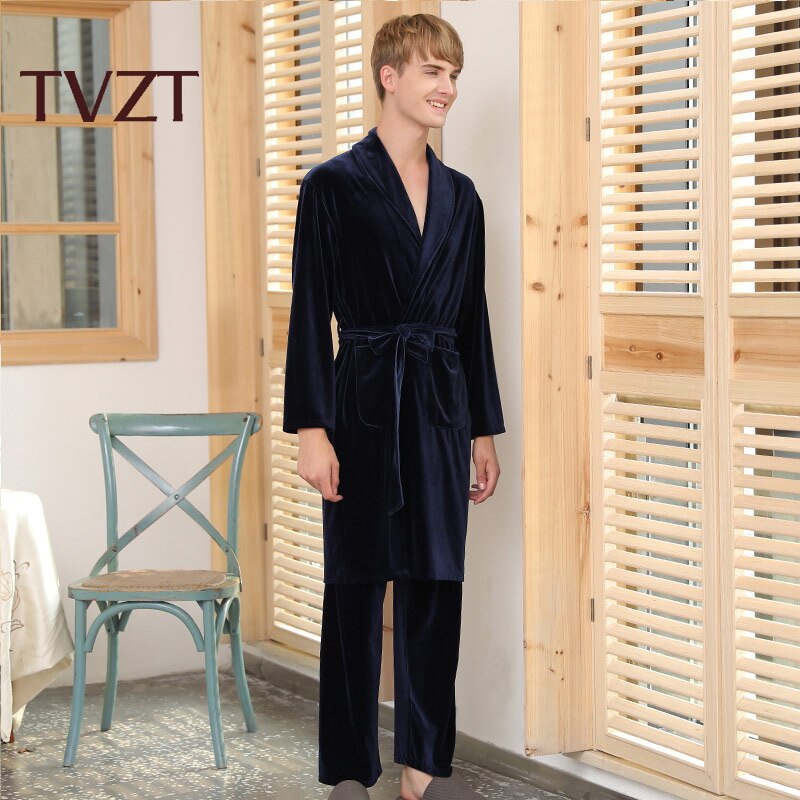 Tvzt Male Pajamas Set Polyester Full Trousers Men 2pcs/set Warm Thicken Flannel Autumn Winter Man Home Clothes Plus Size: Blue