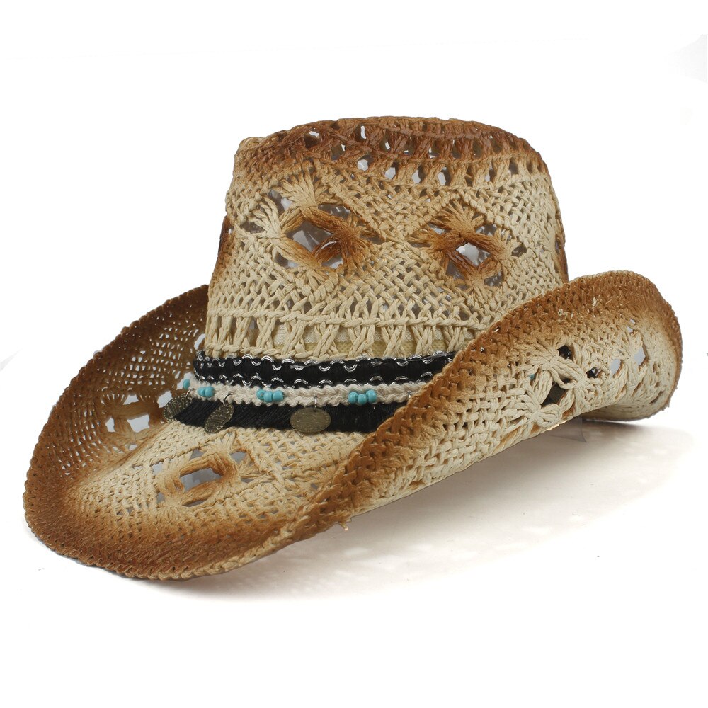 Håndlavet bohemia kvast kvindelig halm hule vestlige cowboy hat dame sombrero hombre strand cowgirl jazz sol hat størrelse 56-58cm: Khaki