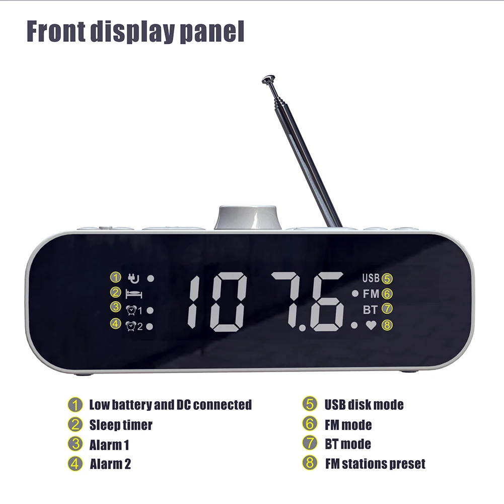 Modern Rechargeable Digital Alarm Clock Radio with Adjustable LED Display BT5.0 Dual Alarm Features and FM Reception for Home