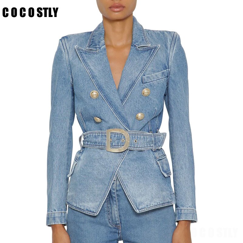 Höst klassisk denim kostym för kvinnor dubbel breasted jean blazer jacka toppar kvinnor casual långärmad med bälte denim rock