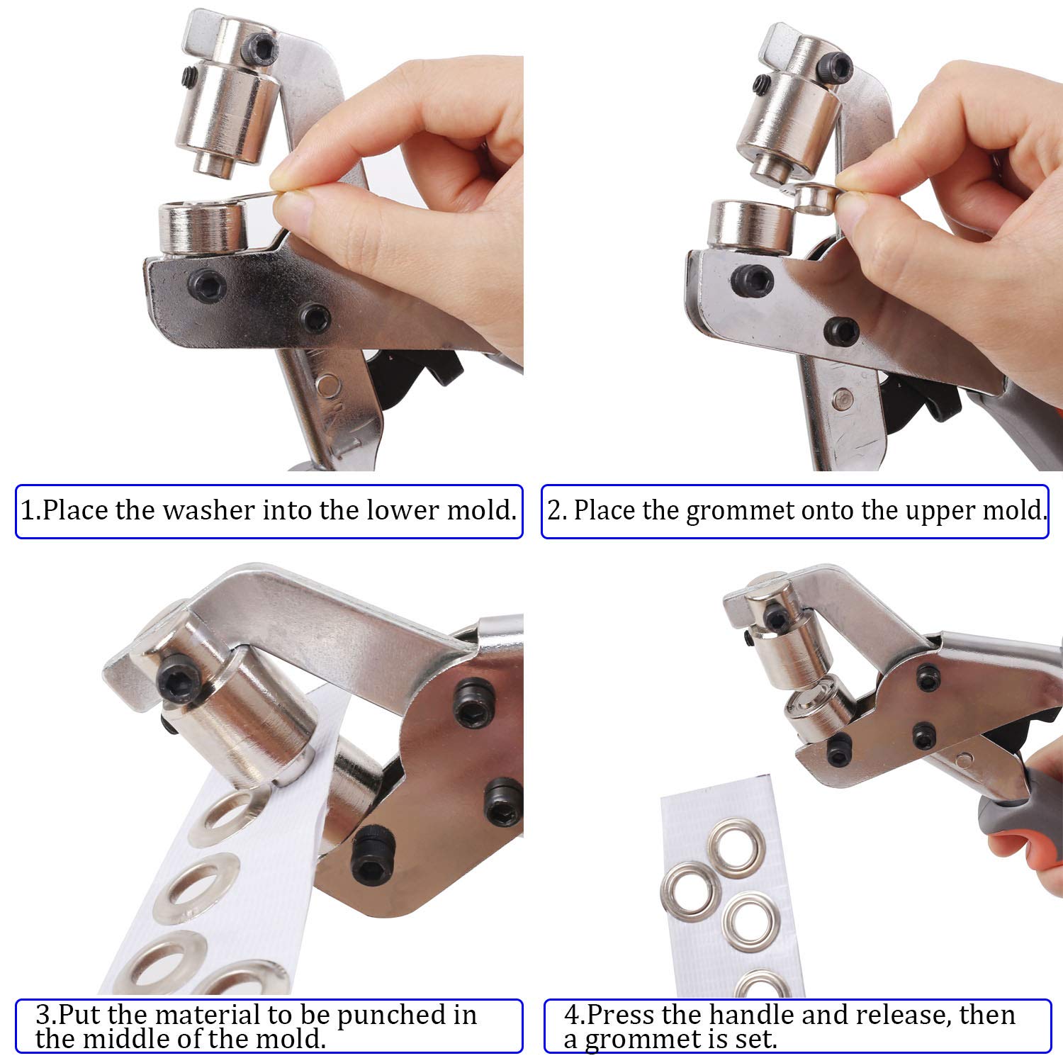10.5mm Grommet Tool Kit Handheld Hole Punch Pliers Portable Grommet Hand Press Machine Manual Puncher w/ Silver Grommets Set