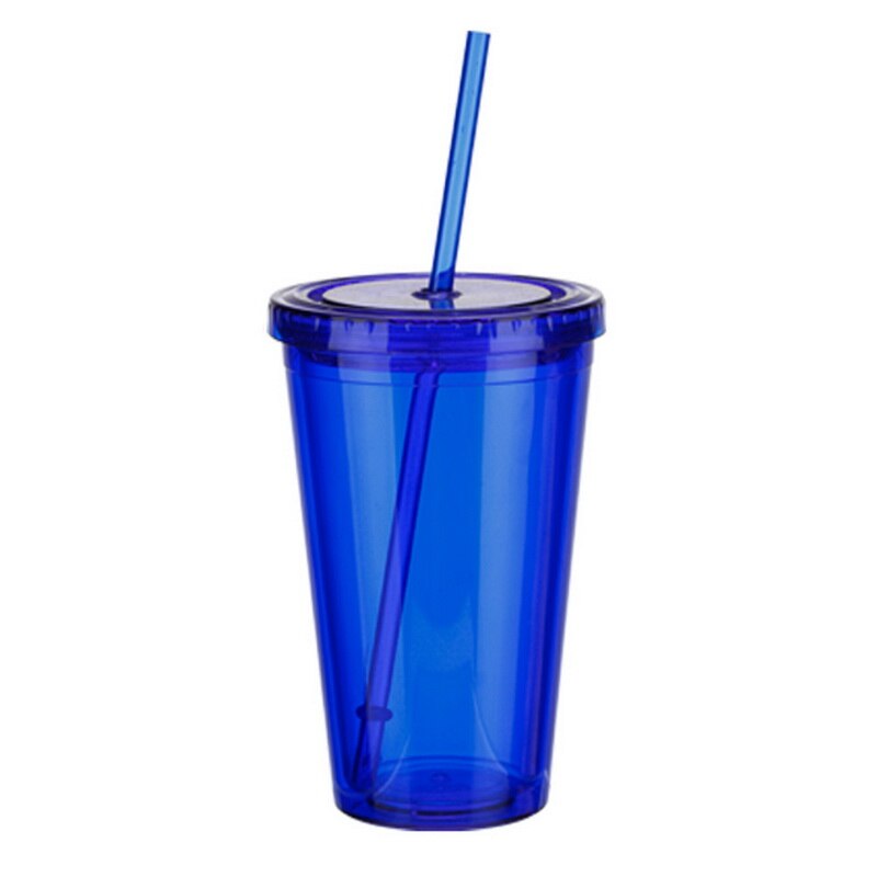 1 pc 500ml copo de chá de suco de café duplo-murado gelo bebida fria reusável smoothie plástico gelado tumbler caneca de viagem com palha: blue