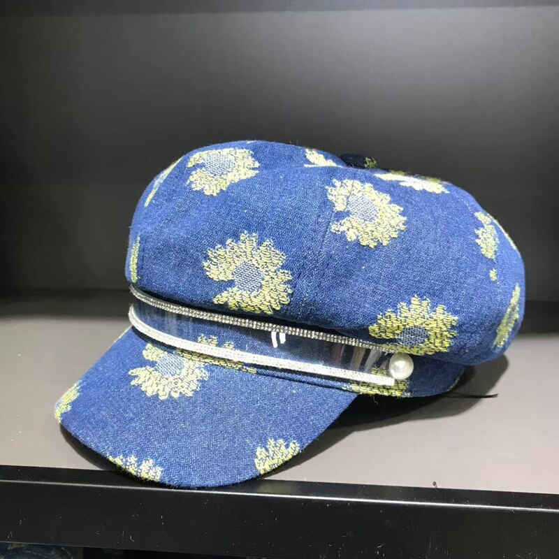 Femmes Denim gavroche casquettes femme automne Vintage peintres chapeau octogonal conduite décontracté Gatsby coton casquette hommes chapeaux: dark blue B