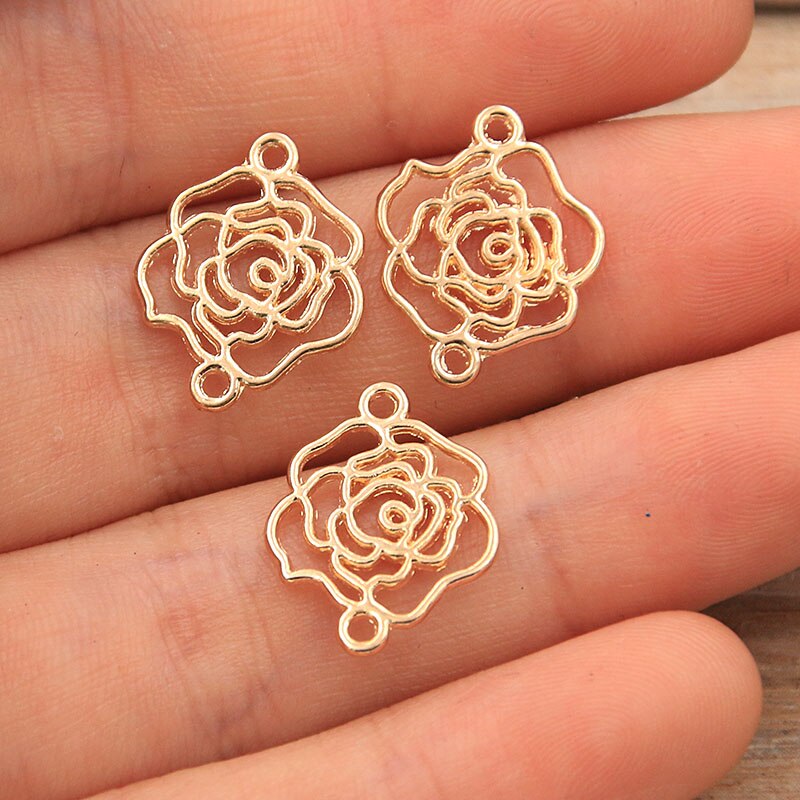40Pcs 2 Kleur 13*16Mm Kc Goud Papier Rose Charms Plant Connector Metaallegering Diy Ketting Armband handwerk Markering Bevindingen