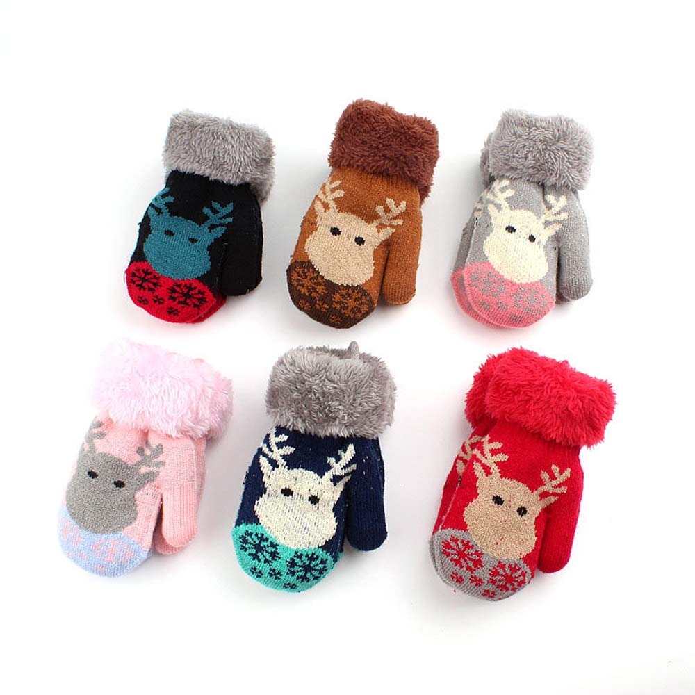 Christmas Toddler Baby Winter Cartoon Deer Velvet Knitted Mittens Gloves Boy Girl Kids Children Outdoor Child Gloves