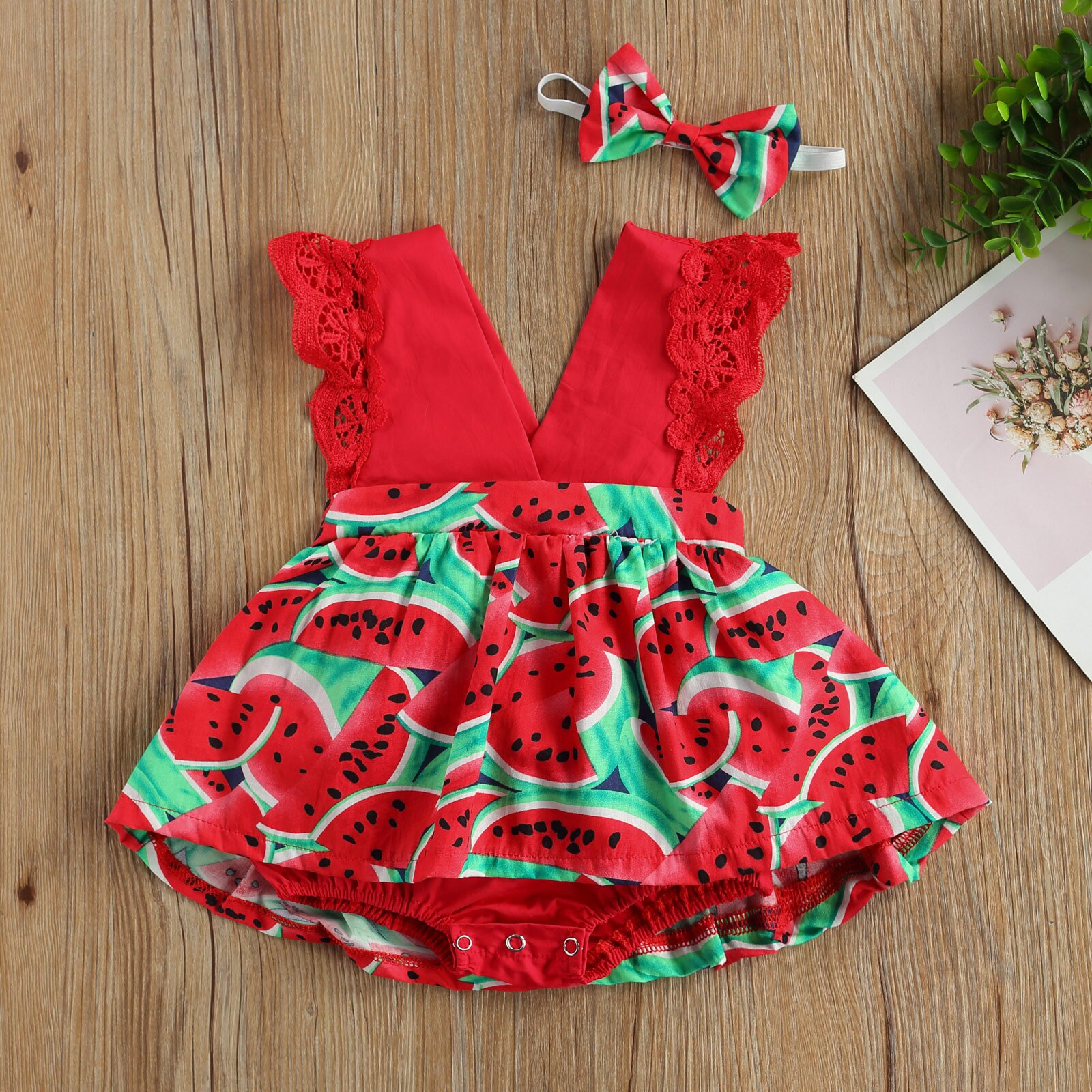 Conjunto de ropa con Estampado de sandía para bebé, Mono corto con cuello en V profundo sin mangas para niñas + Diadema con lazo