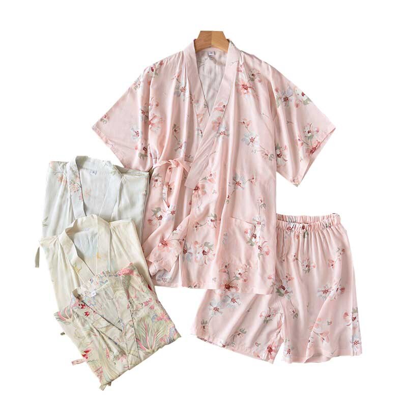 Zomer Japanse Stijl V-hals Pyjama Set Comfort Gaas Katoen Korte Mouw + Shorts 2 Stuks Homewear Vrouwen Zoete casual Wear