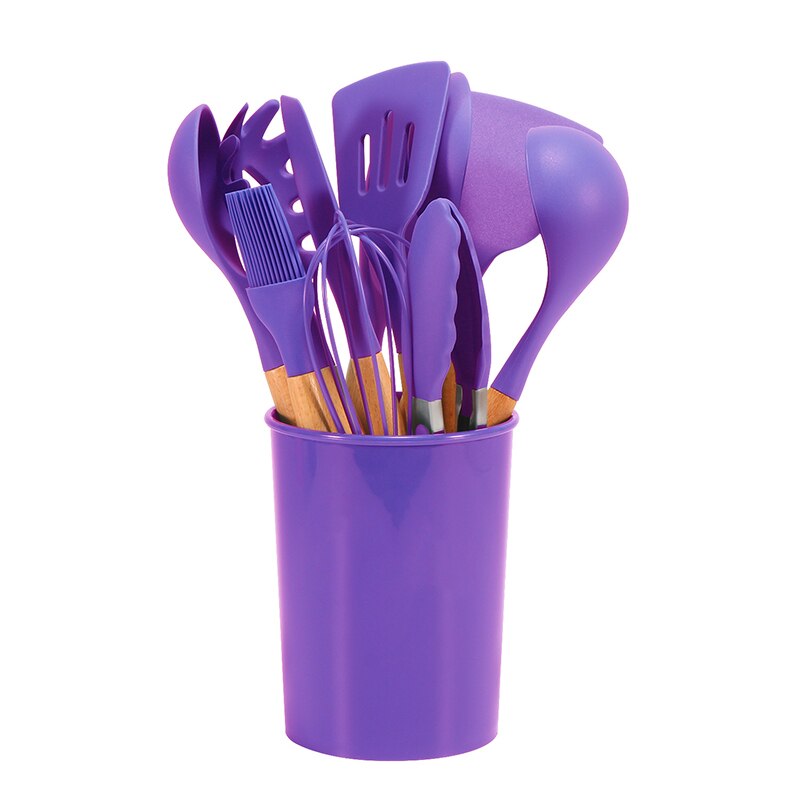 Kitchen Heat Resistant Cookware Silicone Non-stick Kitchenware Egg Beater BBQ Brush Food Tongs Soup Spoon Kitchen Utensils Set: 12pc Purple