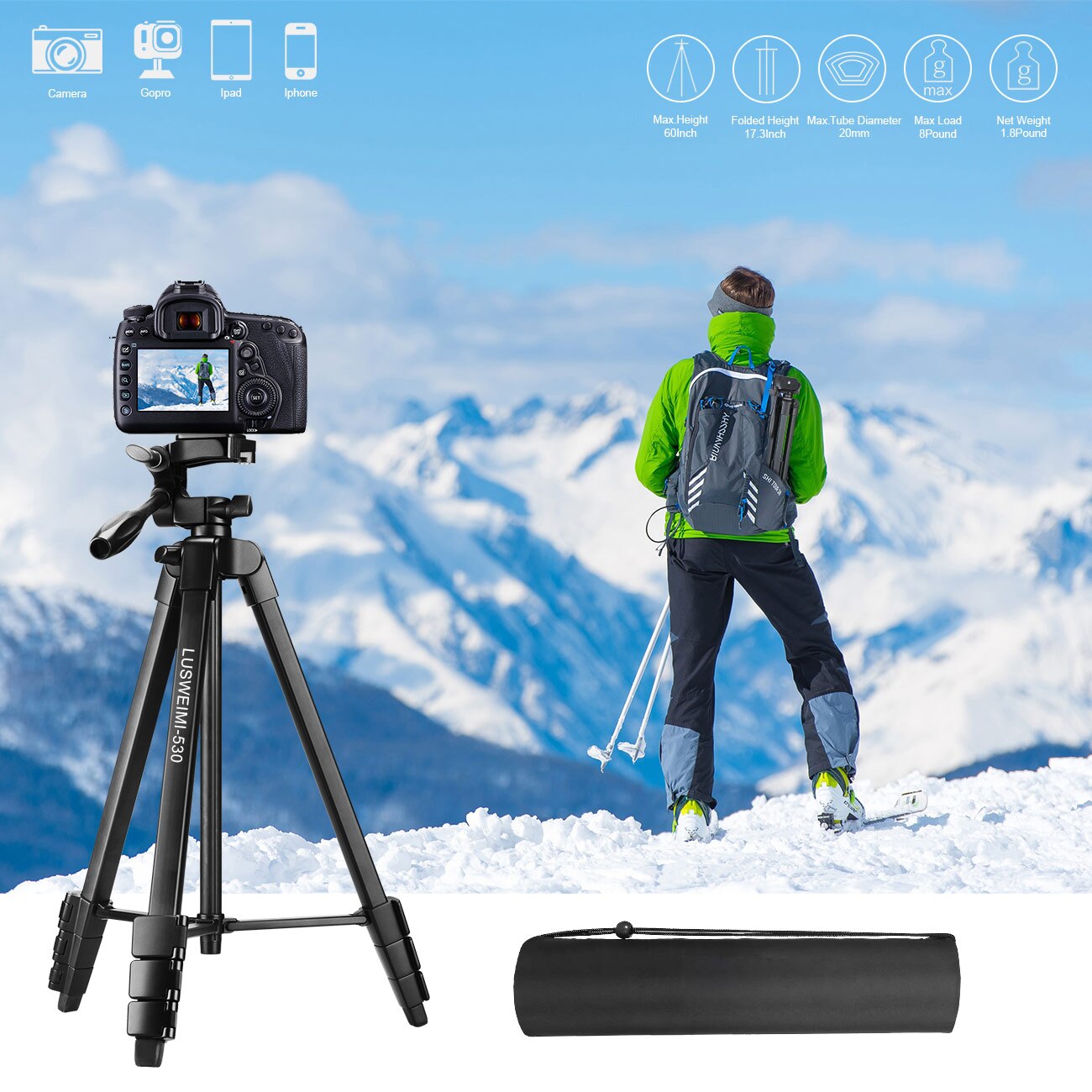 Tripod for Camera Tablet 60-Inch/150cm Aluminum Phone Tripod for Phone /iPad/ DSLR Camera with remote control Mount Holder