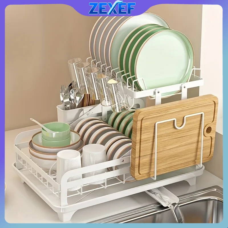 ZEXEF 2-laags Keuken Schotel Kom Afdruiprek Rek Opvouwbare Mes Vork Water Cup Steelpan Opbergrek Keuken Aanrecht Organizer