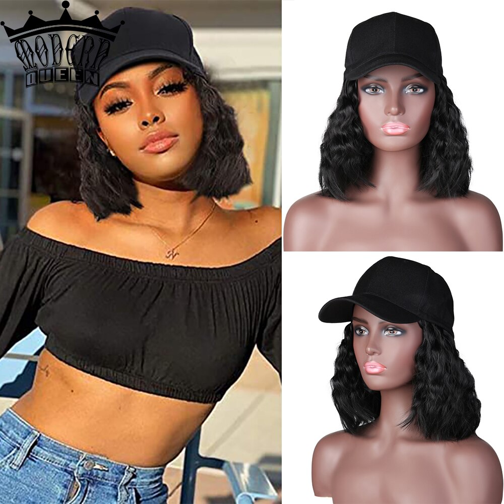 MODERN QUEEN Short Curl Baseball Cap Hair Wig 10inch Synthetic Bob Wig Cap Hair Heat Resistant Fiber Female Short Bob Wig Hair