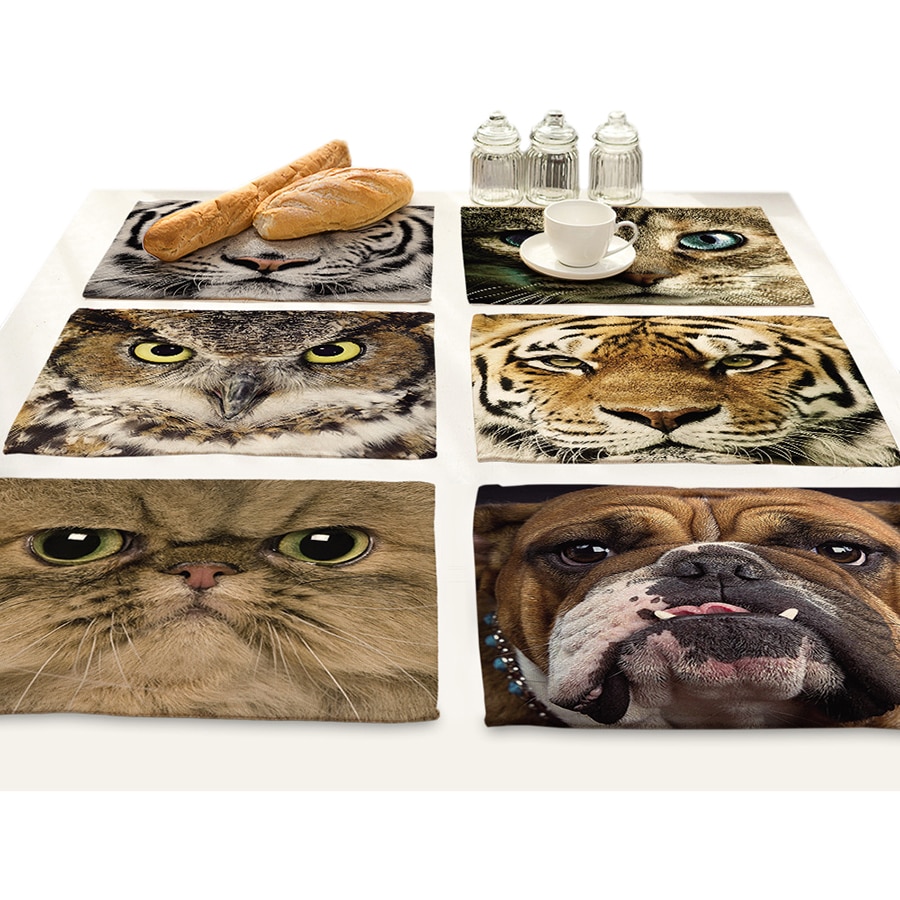 Cotton Linen Art Food Placemat for Dining Table Animal Face 3D Printing Kitchen Accessories Cup Coaster Cat Dog Desgin Mat