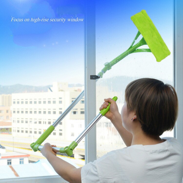 Window Cleaner High-rise Glass Cleaning Brush Squeegee Microfiber Extendable Rod Window Scrubber Wiper Household Cleaning Tools: B-green