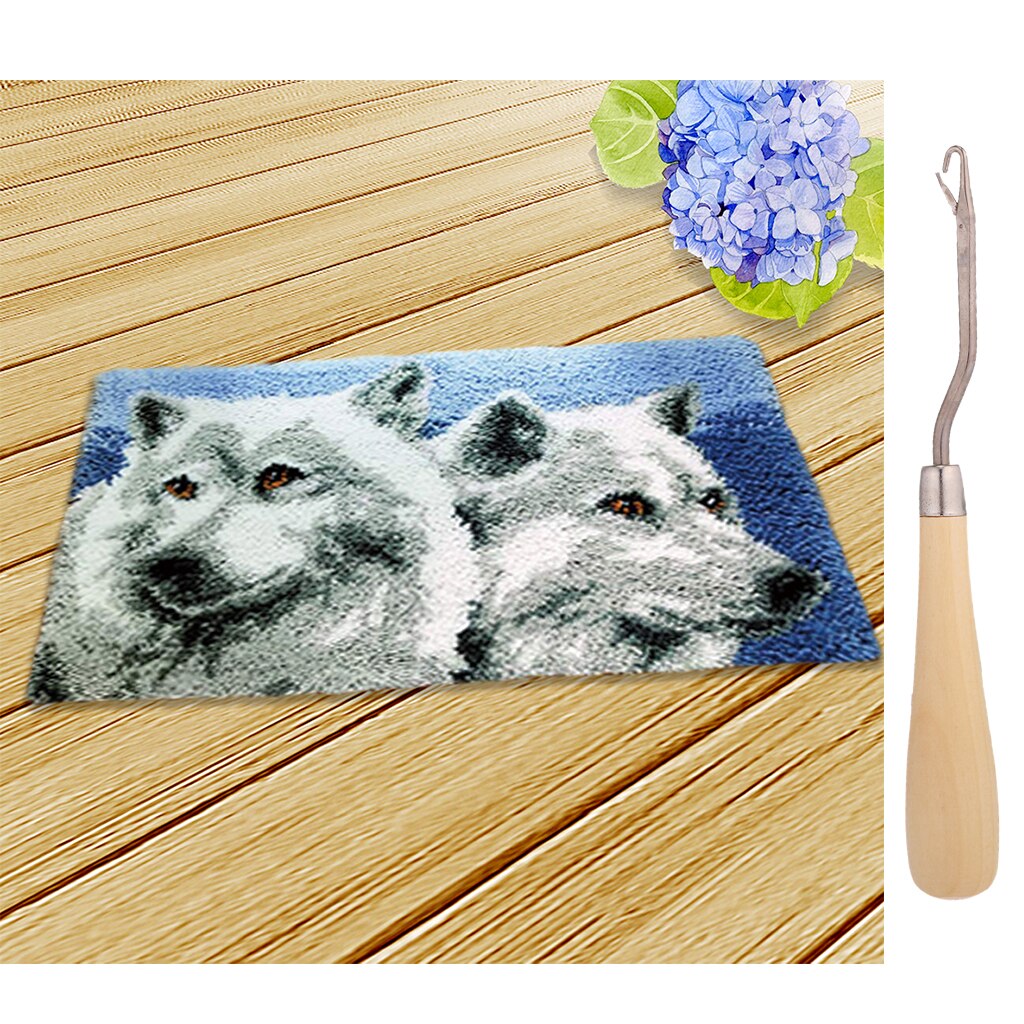 Two Wolf Latch Hook Rug Kit For Boys Embroidery Cushion Wooden Crochet Hook