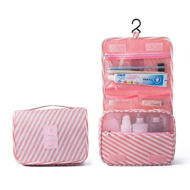 Waterproof Packing Cubes Travel Large Capacity Storage Bag Portable Hook Wash Cosmetic Bag Travel Accessories: Pink Stripe