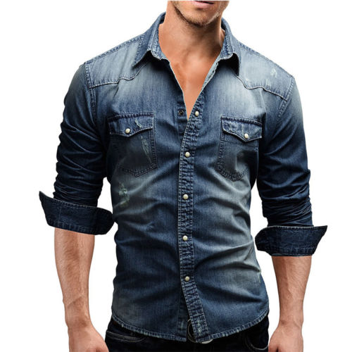 hombres Casual Jeans camisa de manga larga primavera otoño camisa calle Top tendencia