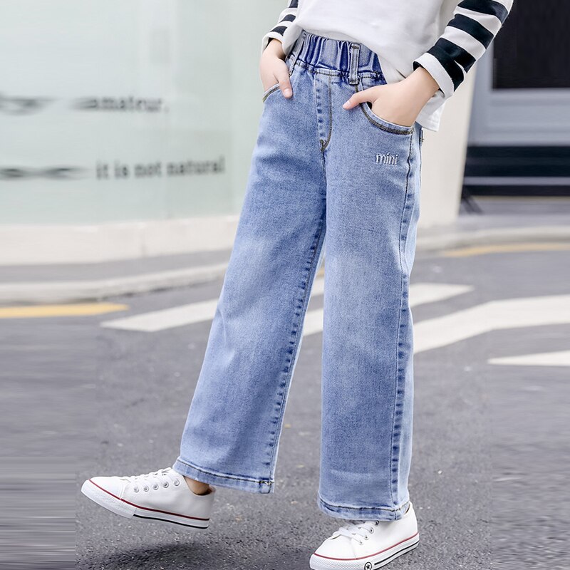 Børn jeans pige bukser med brede ben piger jeans elastiske talje jeans til piger forår efterår afslappede bukser til piger 5 7 9 11 12 år