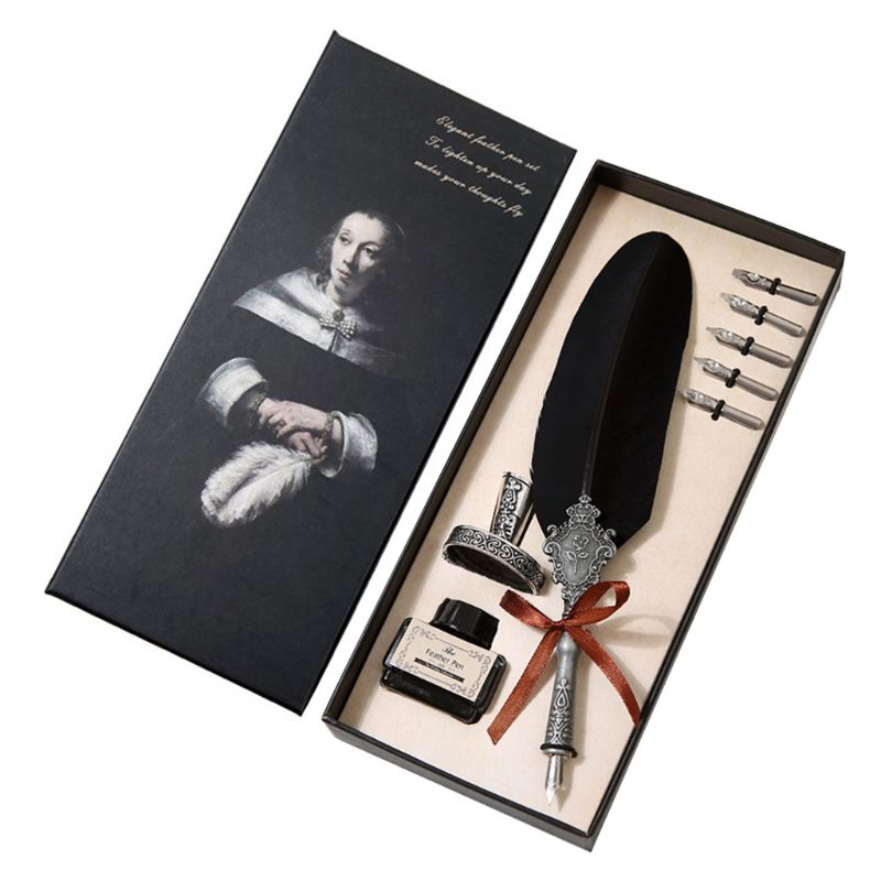 Retro Classical Feather Quill Dip English Calligraphy Fountain Pen with Writing Ink 5 Nibs Kit Set Stationery Box B36C