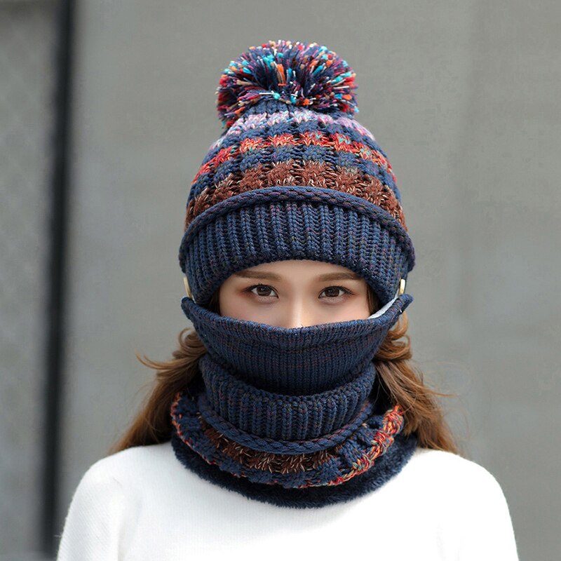 Ungdom vinter tykk pluss kashmir varme masker lue skjerf høst vinter kvinners strikke lue ull ball dekke øre krage tre sett