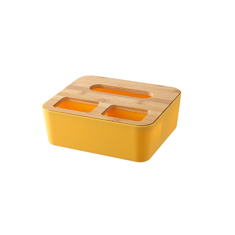 Plastic Tissue Box Bamboo Cover Napkin Paper Dispenser Organizer Cosmetic Storage Remote Control Container for Office: 03 Yellow