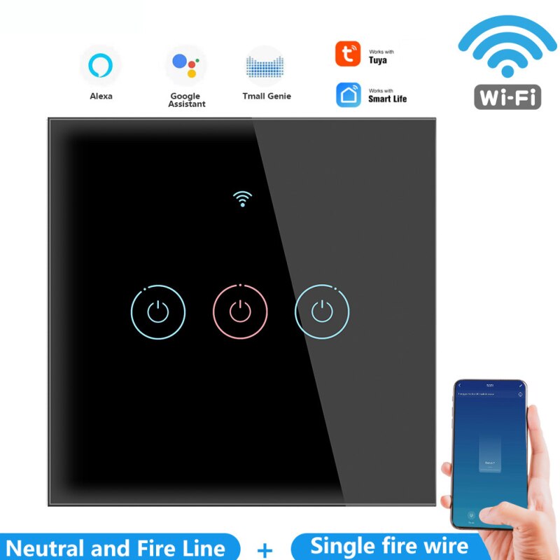 Tuy Wifi inteligente pared Interruptor táctil de la UE No Neutral de alambre requiere inteligente interruptor de luz tableta amortiguador Tech accesorio beige Rojo Negro compruebe Tartan tableta amortiguador banda una casa inteligente trabaja con Alexa Google: 3 gang black