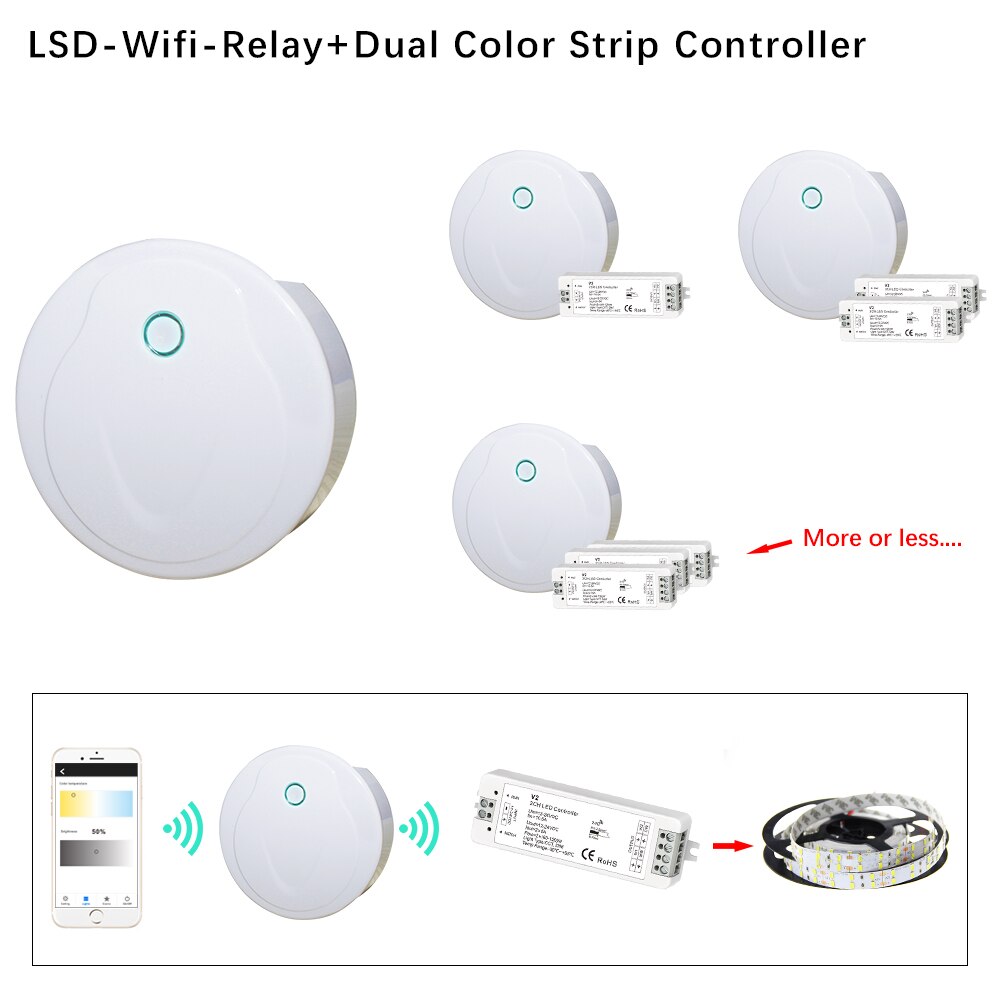 Ww cw led controller  rf 2.4g /  wifi afstandsbediening kleurtemperatuur instelbaar & helderheidsdimmer  dc12-24v voor ledstrip