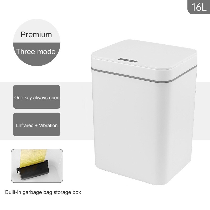 Smart Sensor Trash Can Automatic Touchless Kitchen Bathroom Garbage Bin Waterproof Wide Opening Waste Bucket Office Paper Basket: White 16L / battery version