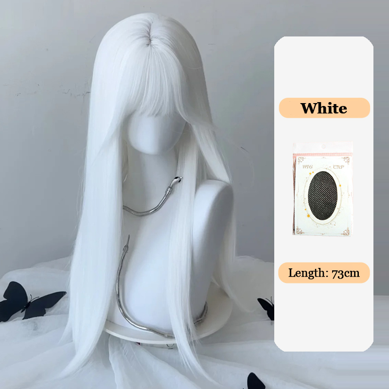 Peluca blanca con flequillo, pelucas de pelo largo y liso, peluca sintética de 28 pulgadas para mujer, pelucas de Cosplay de fibras resistentes al calor, pelucas Lolita: Gris