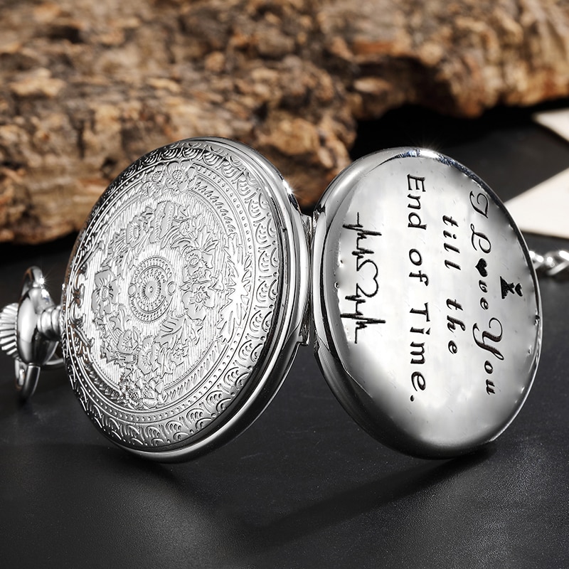 Reloj de bolsillo de cuarzo, de aniversario, reloj de bolsillo grabado I LOVE YOU con colgantes con collar de cadena, reloj de