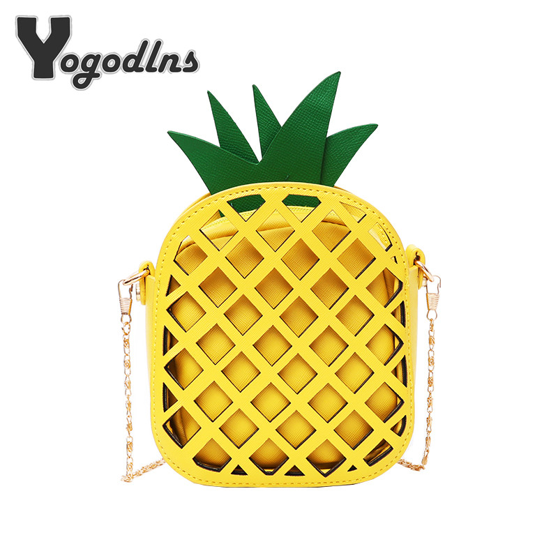 Brand Leather Cute Handbag for Women Lovely Pineapple Bag with Chain Hollow Out Mini Women's Fruit Handbags purse for girls