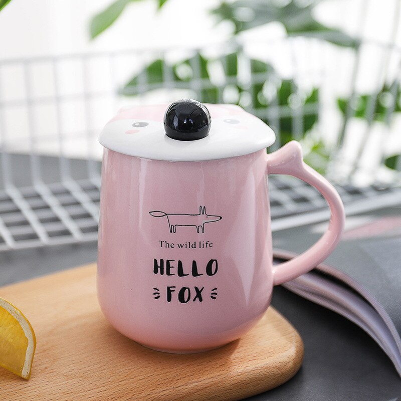 420ml Fox Shape Ceramic Mug Cartoon Animal Coffee Mugs with Lid Spoon Tumbler Cup Novelty for Christmas