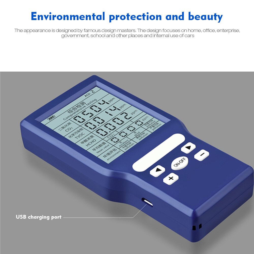 Detector de aire multifuncional, medidor de Co2, formaldehído, TVOC, del aire interior, ppm, pantalla Digital LCD