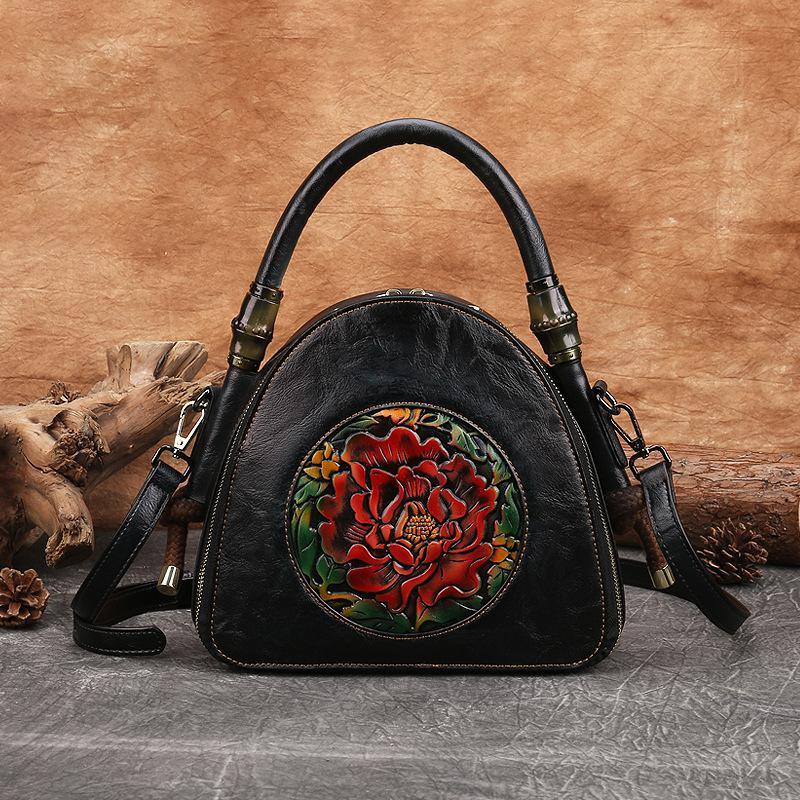 Gagacia 2021 novos sacos de ombro para as mulheres do vintage bolsa couro estilo chinês artesanal em relevo flor feminina bolsas concha